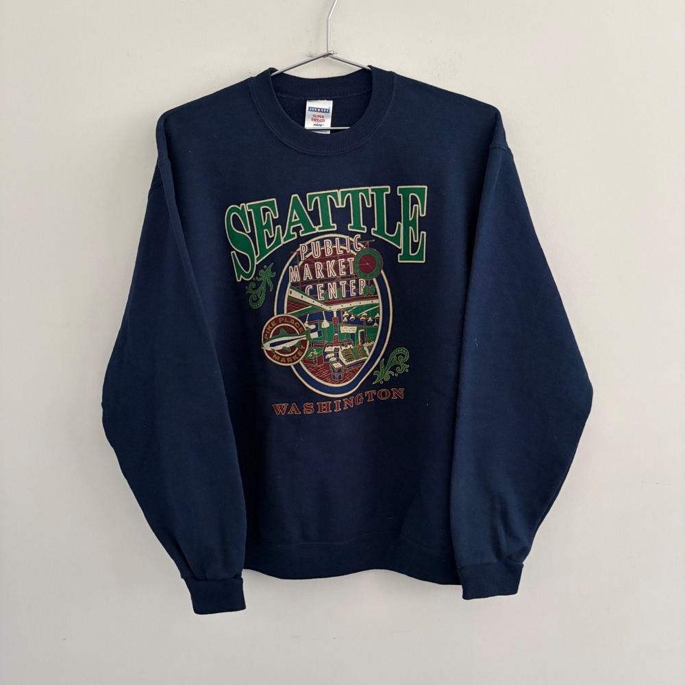 Jerzees Seattle Public Market Center Sweatshirt Navy Blue Small